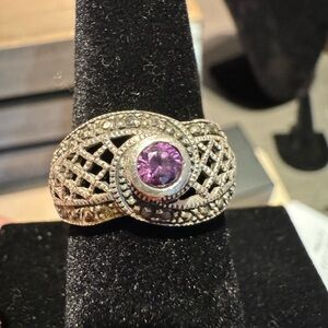 Vintage Marcasite Amethyst Sterling Silver 925 Ring, Size 8
